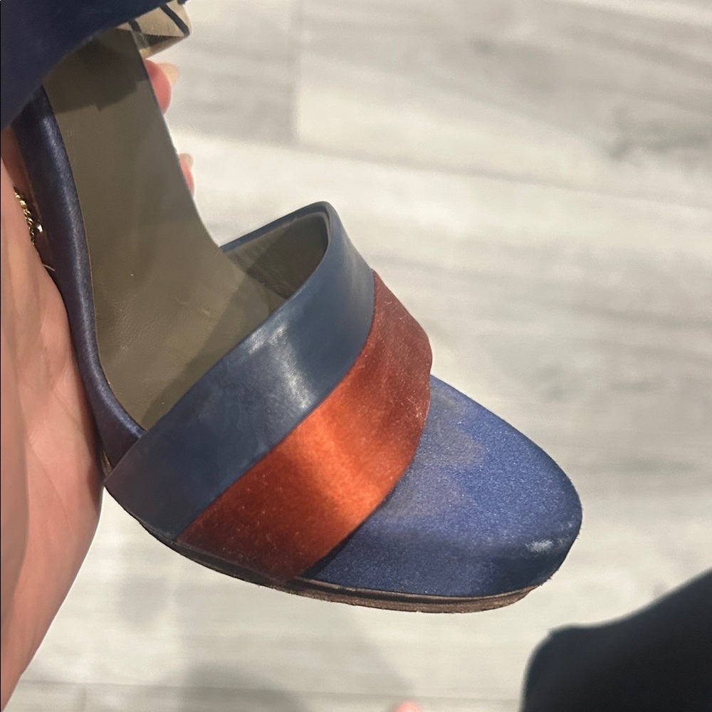 BALENCIAGA PARIS Blue and Bronze Satin Platform Women's Heels sz 36 - Picture 7 of 15